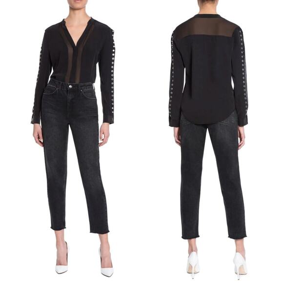 Chelsea & Walker 8 Silk BlouseBlack Sheer Panels Grommet Sleeve NWT $268